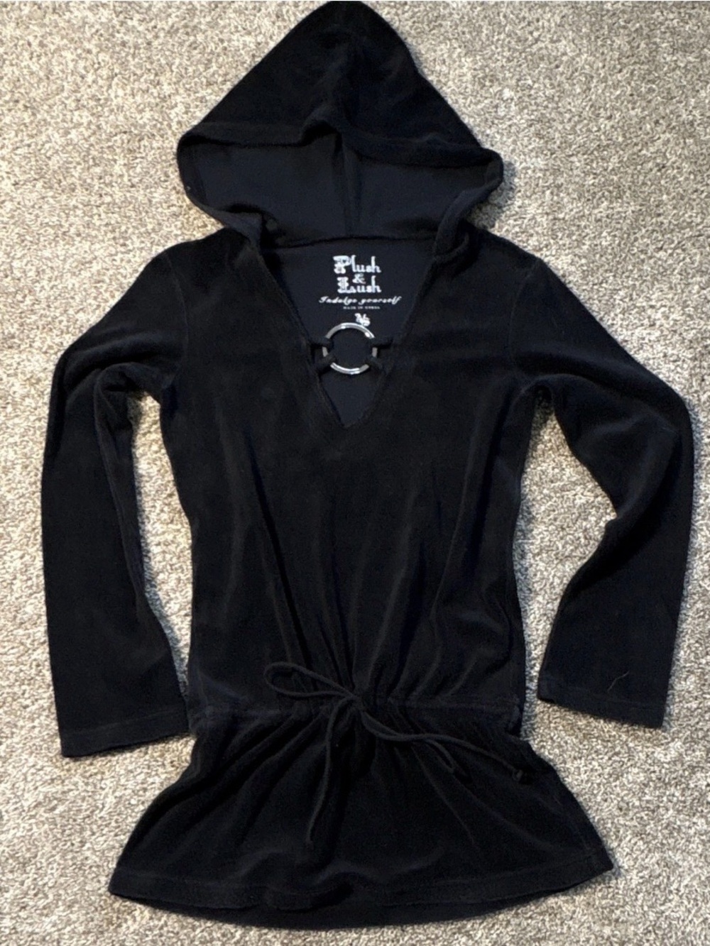 Vintage Plush & Lush Women’s Black Velour Pullover Hoodie Drawstring Waist